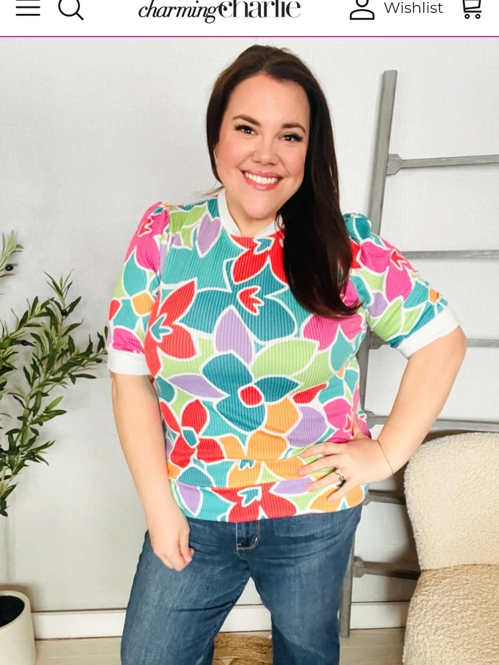 Charming Charlie Multicolor Floral Ribbed Puff-Sleeve Top - Pink/Green/Blue